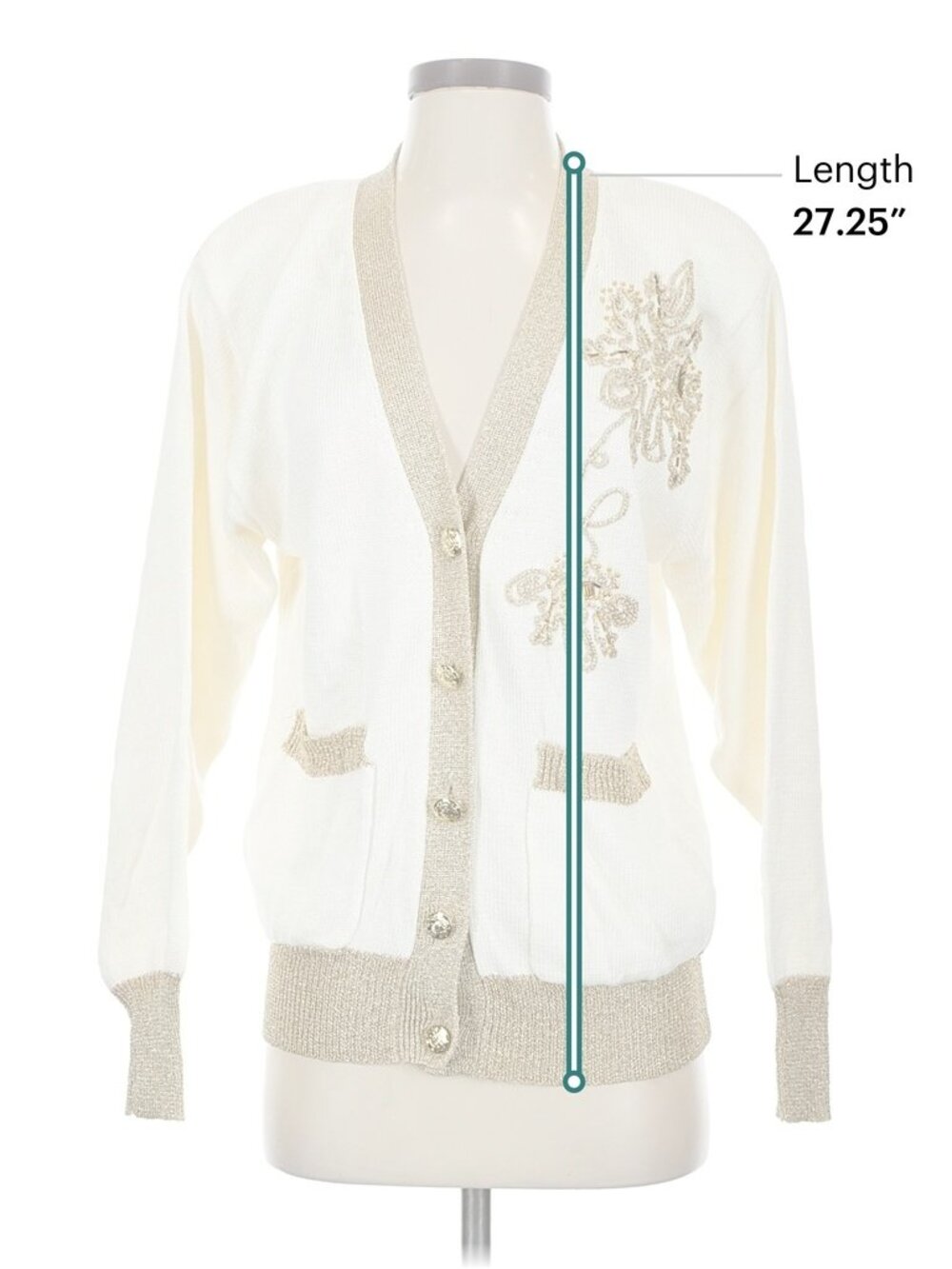 Suzelle White cardigan embellished with gold. Wool blend Size Small - Picture 3 of 5